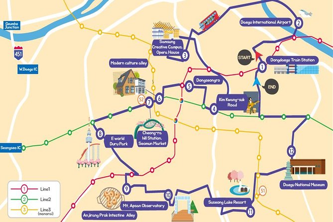 Daegu Hop on Hop off City Tour Bus Discount Ticket (내국인불가) - The central hotel stop and Seomun Market