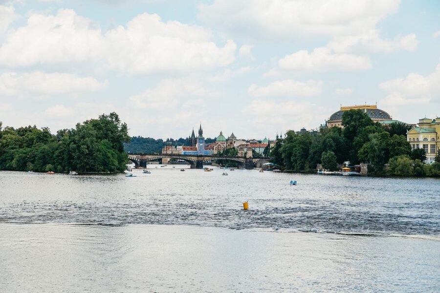 Prague: Vltava River Lunch Cruise in an Open-Top Glass Boat - Emmaus Monastery, Vyšehrad, and the farther riverfront