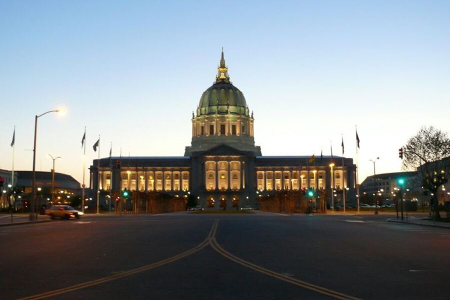 San Francisco Double Decker Bus Night Tour - Returning past the Ferry Building and Alcatraz Pier
